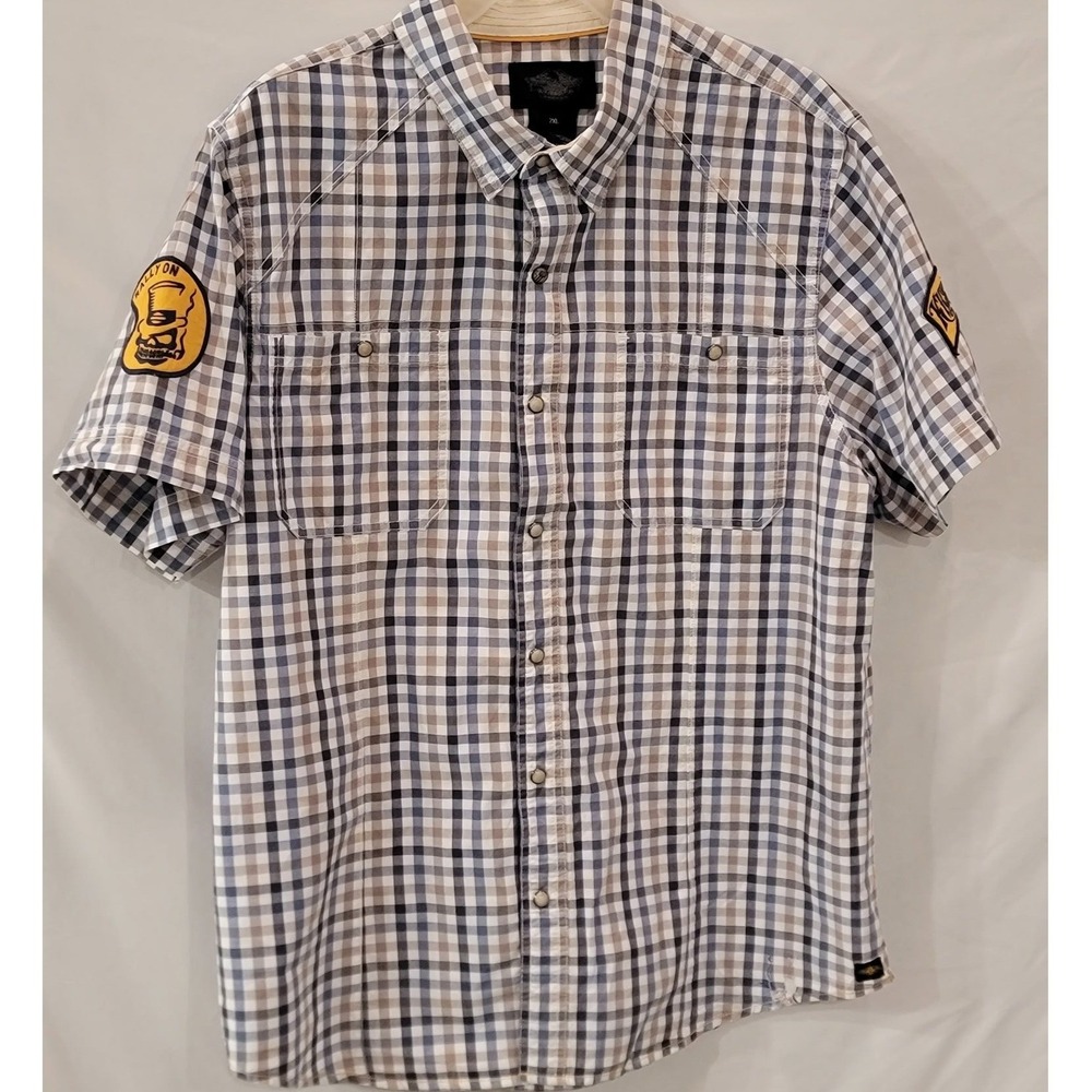 Harley Davidson Mens 2XL Plaid Short Sleeve Snap Button Skull Graphic Shirt